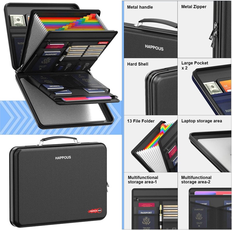 HAPPOUS Fireproof Document Organizer, Expanding File Organizer with 13 Pockets, Portable Fireproof Document Box Hard-Shell Document Organizer Storage for Documents Laptop Passports Cards Black - Image 4